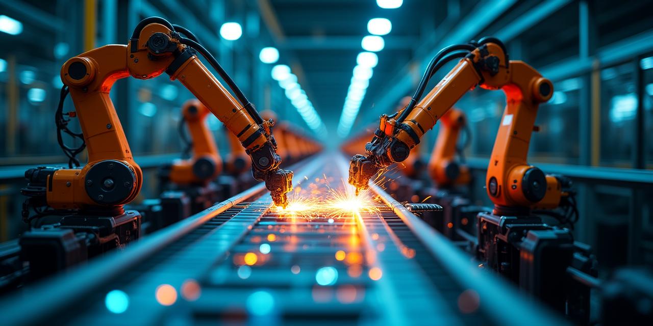 Automated assembly line with robotic arms and data overlays