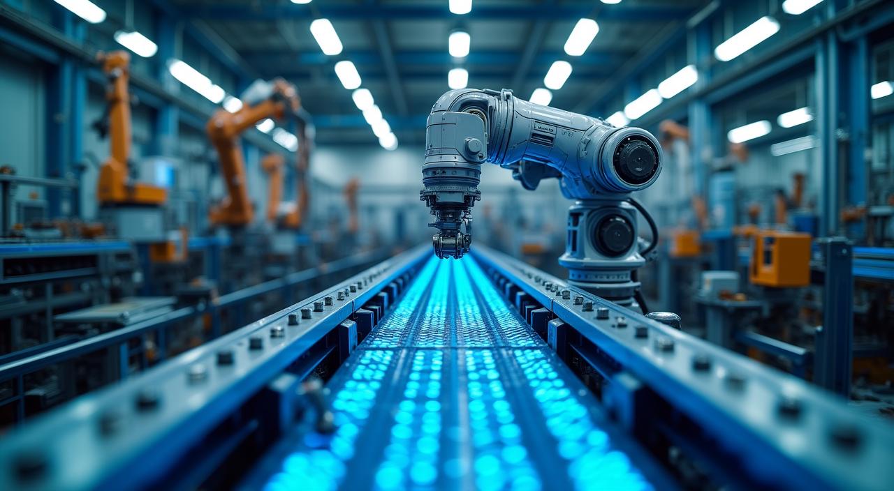 Integrated AI-powered high-tech assembly line in a clean manufacturing facility