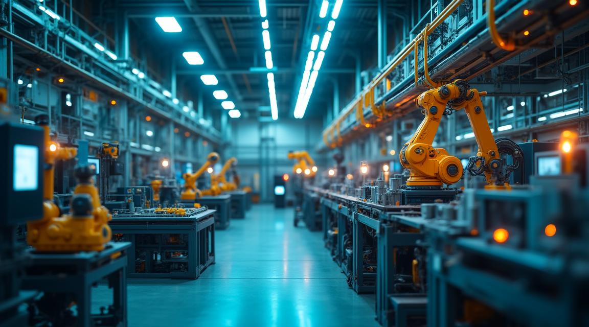 Modern automated manufacturing facility with intelligent AI oversight