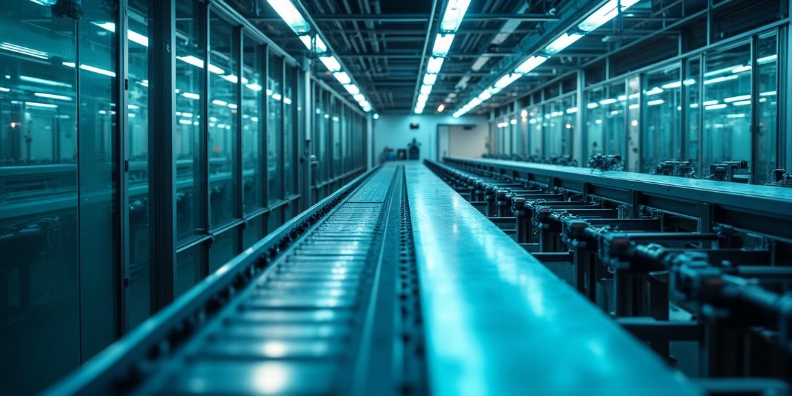 Futuristic automated factory floor with glass partitions and data displays